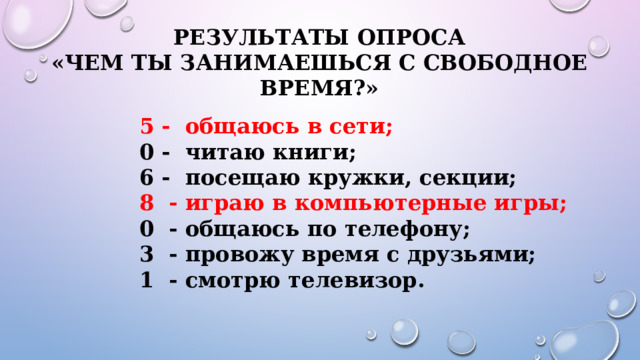 РЕЗУЛЬТАТЫ ОПРОСА «ЧЕМ ТЫ ЗАНИМАЕШЬСЯ С СВОБОДНОЕ ВРЕМЯ?»  5 - общаюсь в сети;  0 - читаю книги;  6 - посещаю кружки, секции;   8 - играю в компьютерные игры;  0 - общаюсь по телефону;  3 - провожу время с друзьями;  1 - смотрю телевизор. 