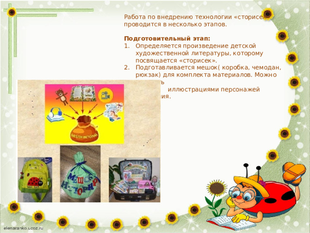 Работа по внедрению технологии «сторисек» проводится в несколько этапов. Подготовительный этап: Определяется произведение детской художественной литературы, которому посвящается «сторисек». Подготавливается мешок( коробка, чемодан, рюкзак) для комплекта материалов. Можно украсить  иллюстрациями персонажей произведения. 