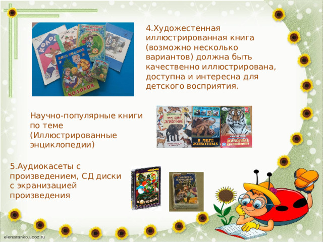 4.Художестенная иллюстрированная книга (возможно несколько вариантов) должна быть качественно иллюстрирована, доступна и интересна для детского восприятия. Научно-популярные книги по теме (Иллюстрированные энциклопедии) 5.Аудиокасеты с произведением, СД диски с экранизацией произведения 