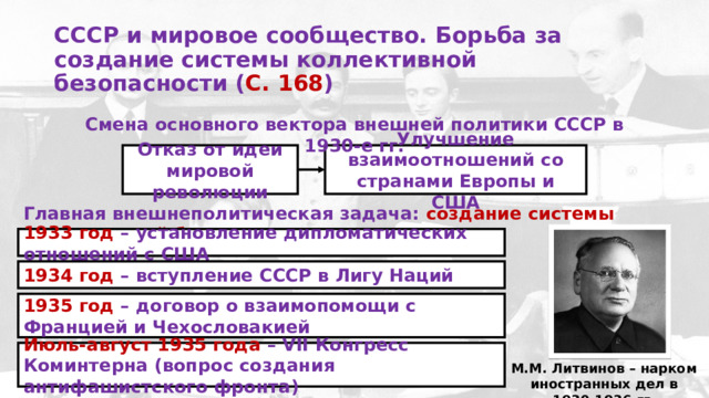 СССР и мировое сообщество. Борьба за создание системы коллективной безопасности ( С. 168 )  Смена основного вектора внешней политики СССР в 1930-е гг. Отказ от идеи мировой революции Улучшение взаимоотношений со странами Европы и США Главная внешнеполитическая задача: создание системы коллективной безопасности 1933 год – установление дипломатических отношений с США 1934 год – вступление СССР в Лигу Наций 1935 год – договор о взаимопомощи с Францией и Чехословакией Июль-август 1935 года – VII Конгресс Коминтерна (вопрос создания антифашистского фронта) М.М. Литвинов – нарком иностранных дел в 1930-1936 гг.  