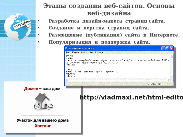 Этапы создания веб-сайтов. Основы веб-дизайна Разработка дизайн-макета страниц сайта. Создание и верстка страниц сайта. Размещение (публикация) сайта в Интернете. Популяризация и поддержка сайта. http://vladmaxi.net/html-editor 21 
