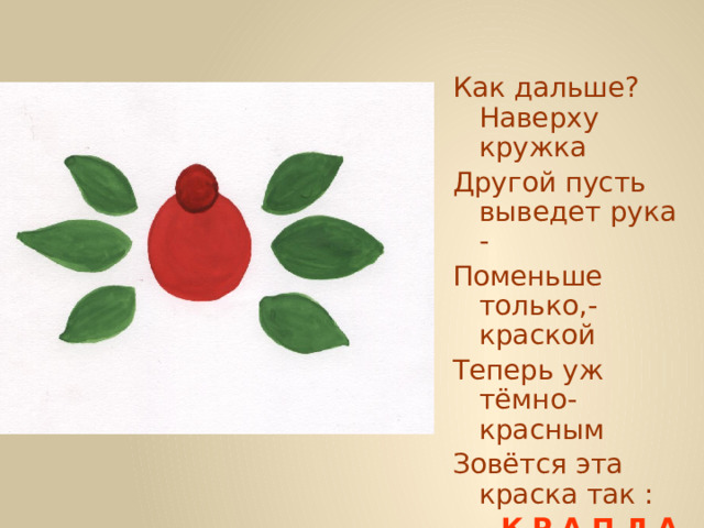Как дальше? Наверху кружка Другой пусть выведет рука - Поменьше только,- краской Теперь уж тёмно-красным Зовётся эта краска так :  К Р А П Л А К. 