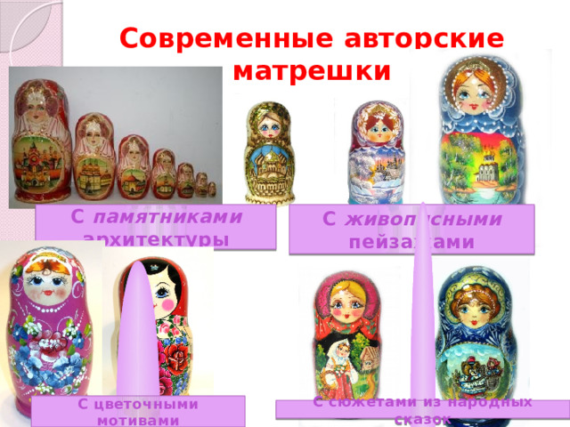 Современные авторские матрешки С памятниками архитектуры С живописными пейзажами С цветочными мотивами С сюжетами из народных сказок 
