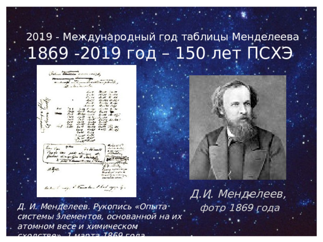 2019 - Международный год таблицы Менделеева 1869 -2019 год – 150 лет ПСХЭ  Д.И. Менделеев,  фото 1869 года Д. И. Менделеев. Рукопись «Опыта системы элементов, основанной на их атомном весе и химическом сходстве». 1 марта 1869 года 