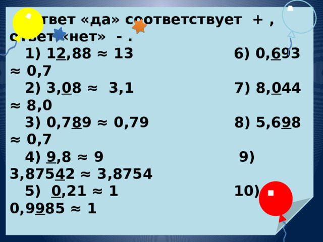   Ответ «да» соответствует + , ответ «нет» - .  1) 1 2 ,88 ≈ 13 6) 0, 6 93 ≈ 0,7  2) 3, 0 8 ≈ 3,1 7) 8, 0 44 ≈ 8,0  3) 0,7 8 9 ≈ 0,79 8) 5,6 9 8 ≈ 0,7  4) 9 ,8 ≈ 9 9) 3,875 4 2 ≈ 3,8754  5) 0 ,21 ≈ 1 10) 0,9 9 85 ≈ 1 