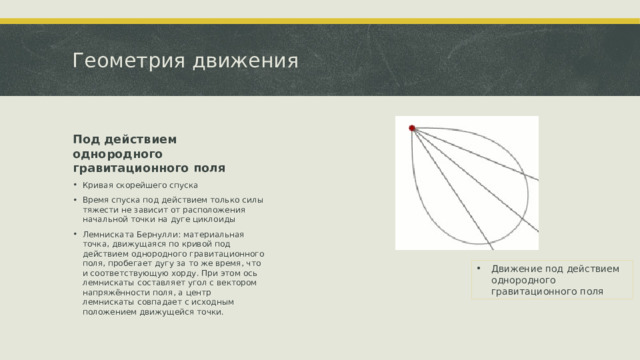 Геометрия движения Под действием однородного гравитационного поля Кривая скорейшего спуска Время спуска под действием только силы тяжести не зависит от расположения начальной точки на дуге циклоиды Лемниската Бернулли: материальная точка, движущаяся по кривой под действием однородного гравитационного поля, пробегает дугу за то же время, что и соответствующую хорду. При этом ось лемнискаты составляет угол с вектором напряжённости поля, а центр лемнискаты совпадает с исходным положением движущейся точки. Движение под действием однородного гравитационного поля 