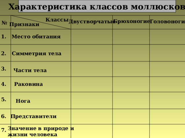 Характеристика классов моллюсков Классы Брюхоногие Головоногие Двустворчатые № Признаки 1. Место обитания 2. Симметрия тела 3. Части тела 4. Раковина 5. Нога 6. Представители Значение в природе и жизни человека 7.