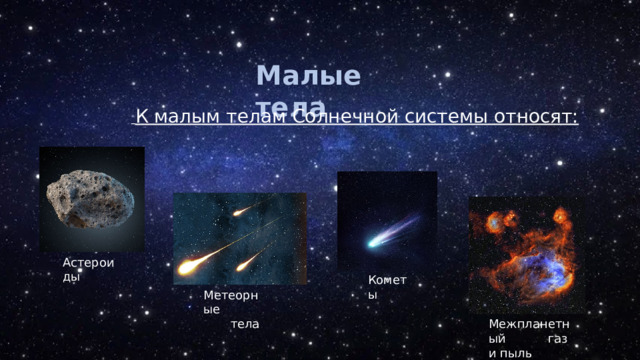 Малые тела   К малым телам Солнечной системы относят: Астероиды Кометы Метеорные  тела Межпланетный газ и пыль 