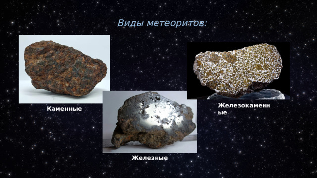 Виды метеоритов: Железокаменные Каменные Железные 