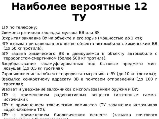 Наиболее вероятные 12 ТУ ТУ по телефону; демонстративная закладка муляжа ВВ или ВУ; скрытая закладка ВУ на объекте и его взрыв (мощностью до 1 кт); ТУ взрыва припаркованного возле объекта автомобиля с химическим ВВ (до 50 кг тротила); ТУ взрыва химического ВВ в движущемся к объекту автомобиле с террористом-смертником (более 500 кг тротила); подбрасывание закамуфлированных под бытовые предметы мин-ловушек (до 0,5 кг тротила); проникновение на объект террориста-смертника с ВУ (до 10 кг тротила); засылка конкретному адресату ВВ в почтовом отправлении (до 100 г тротила); захват и удержание заложников с использованием оружия и ВУ; ТУ с применением радиоактивных веществ (изотопные гамма-источники); ТУ с применением токсических химикатов (ТУ заражения источников водоснабжения ТХ); ТУ с применением биологических веществ (засылка почтового отправления с биореагентами).   