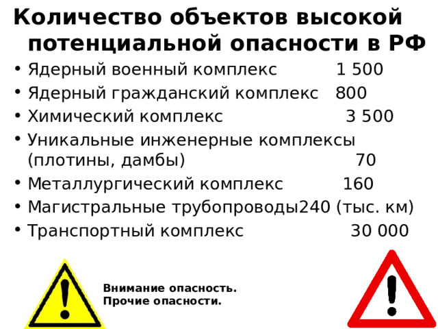 Количество объектов высокой потенциальной опасности в РФ Ядерный военный комплекс 1 500 Ядерный гражданский комплекс 800 Химический комплекс 3 500 Уникальные инженерные комплексы (плотины, дамбы) 70 Металлургический комплекс 160 Магистральные трубопроводы240 (тыс. км) Транспортный комплекс 30 000 Внимание опасность. Прочие опасности. 
