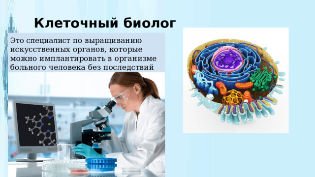 Клеточный биолог Это специалист по выращиванию искусственных органов, которые можно имплантировать в организме больного человека без последствий для здоровья . 