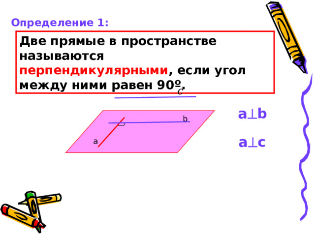 Определение 1: Две прямые в пространстве называются перпендикулярными , если угол между ними равен 90º. c a  b b a  c a 