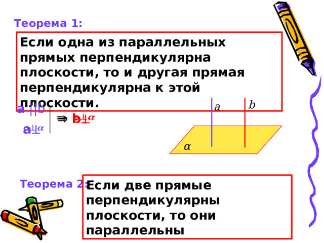Теорема 1: Если одна из параллельных прямых перпендикулярна плоскости, то и другая прямая перпендикулярна к этой плоскости. b а а || b   b    а    α Теорема 2: Если две прямые перпендикулярны плоскости, то они параллельны 
