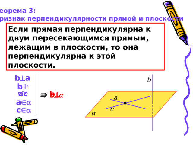 Теорема 3: признак перпендикулярности прямой и плоскости Если прямая перпендикулярна к двум пересекающимся прямым, лежащим в плоскости, то она перпендикулярна к этой плоскости. b  a b b    а c     b    а а  с c  α 