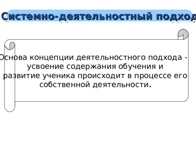 Системно-деятельностный подход Основа концепции деятельностного подхода - усвоение содержания обучения и развитие ученика происходит в процессе его собственной деятельности .