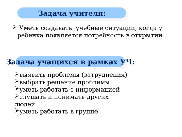 Задача учителя: Уметь создавать учебные ситуации, когда у ребенка появляется потребность в открытии . Задача учащихся в рамках УЧ: