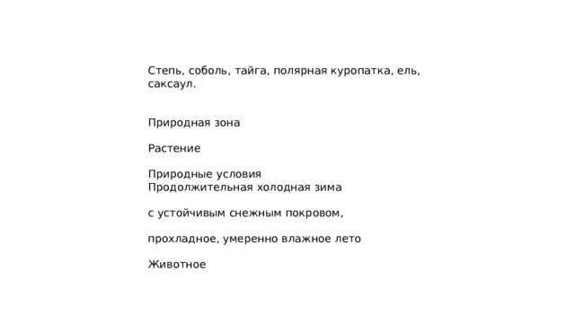 Степь, соболь, тайга, полярная куропатка, ель, саксаул. Природная зона Растение Природные условия Продолжительная холодная зима с устойчивым снежным покровом, прохладное, умеренно влажное лето Животное 
