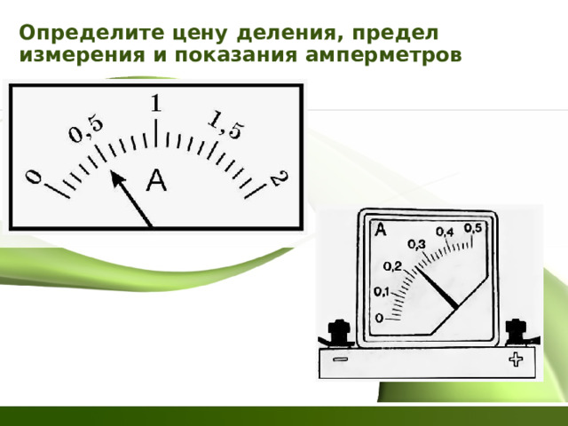 Определите цену деления, предел измерения и показания амперметров 