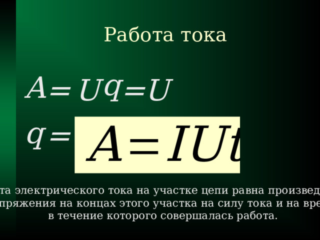 Работа тока q A = U = U q = I t Работа электрического тока на участке цепи равна произведению  напряжения на концах этого участка на силу тока и на время,  в течение которого совершалась работа. 