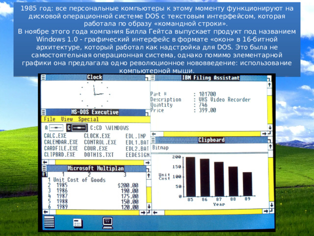 1985 год: все персональные компьютеры к этому моменту функционируют на дисковой операционной системе DOS с текстовым интерфейсом, которая работала по образу «командной строки». В ноябре этого года компания Билла Гейтса выпускает продукт под названием Windows 1.0 - графический интерфейс в формате «окон» в 16-битной архитектуре, который работал как надстройка для DOS. Это была не самостоятельная операционная система, однако помимо элементарной графики она предлагала одно революционное нововведение: использование компьютерной мыши. 