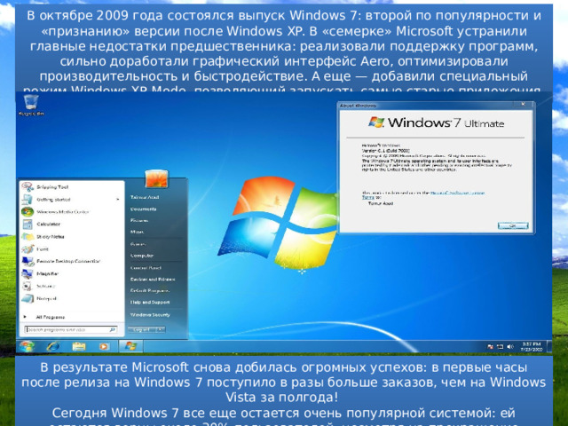 В октябре 2009 года состоялся выпуск Windows 7: второй по популярности и «признанию» версии после Windows XP. В «семерке» Microsoft устранили главные недостатки предшественника: реализовали поддержку программ, сильно доработали графический интерфейс Aero, оптимизировали производительность и быстродействие. А еще — добавили специальный режим Windows XP Mode, позволяющий запускать самые старые приложения. В результате Microsoft снова добилась огромных успехов: в первые часы после релиза на Windows 7 поступило в разы больше заказов, чем на Windows Vista за полгода! Сегодня Windows 7 все еще остается очень популярной системой: ей остаются верны около 30% пользователей, несмотря на прекращение бесплатной официальной поддержки в начале 2020 г. 