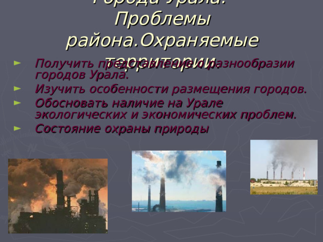Города Урала.  Проблемы района.Охраняемые территории. Получить представление о разнообразии городов Урала. Изучить особенности размещения городов. Обосновать наличие на Урале экологических и экономических проблем. Состояние охраны природы  