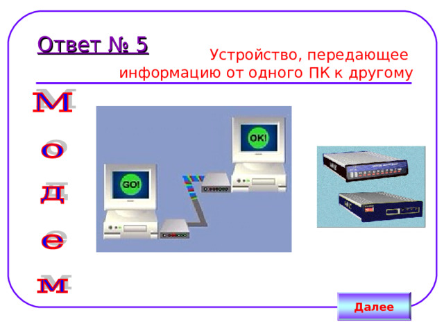 Ответ № 5 Устройство, передающее информацию от одного ПК к другому Далее 