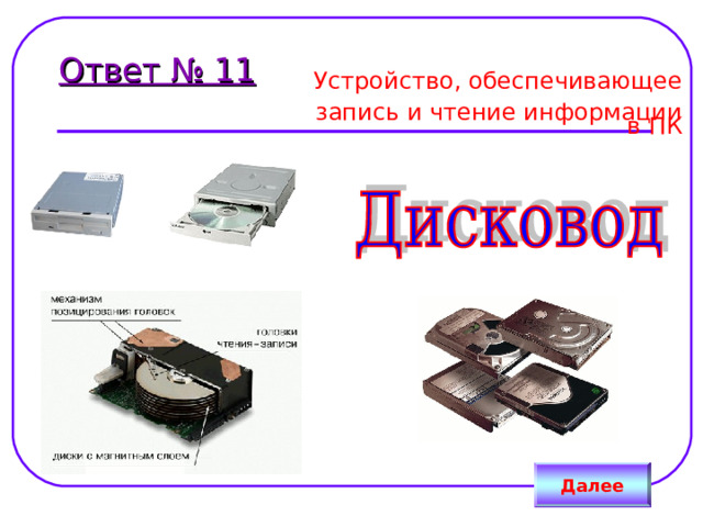 Ответ № 11 Устройство, обеспечивающее  запись и чтение информации в ПК Далее 