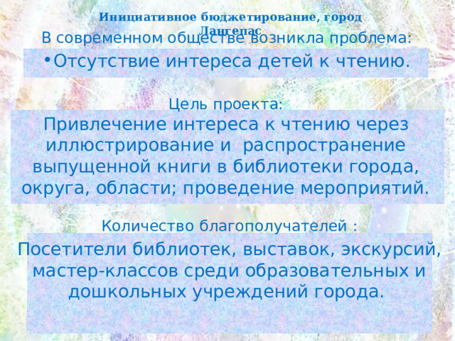 Инициативное бюджетирование, город Лангепас В современном обществе возникла проблема: Отсутствие интереса детей к чтению. Цель проекта: Привлечение интереса к чтению через иллюстрирование и распространение выпущенной книги в библиотеки города, округа, области; проведение мероприятий. Количество благополучателей : Посетители библиотек, выставок, экскурсий, мастер-классов среди образовательных и дошкольных учреждений города. 