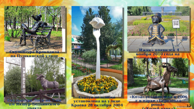 Скульптура Крокодила на Пушкинской улице « Ижик» появился 4 ноября 2010 года на Центральной площади «Коза» установлена в 2006 г в парке «Березовая роща» («Козий парк») Статуя пельменя установлена на улице Краева 28 октября 2004 Скульптура Лося на 7-ом км Якшур-Бодьинского тракта  
