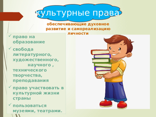 культурные  права обеспечивающие духовное развитие и самореализацию личности право на образование свобода литературного, художественного, научного , технического творчества, преподавания право участвовать в культурной жизни  страны пользоваться музеями, театрами. 