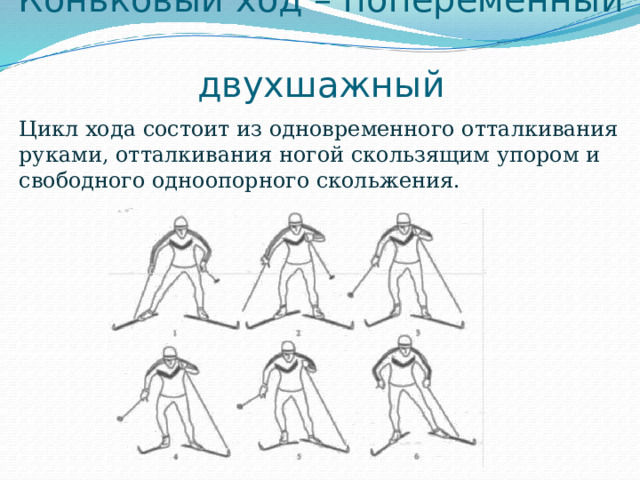 Коньковый ход – попеременный  двухшажный Цикл хода состоит из одновременного отталкивания руками, отталкивания ногой скользящим упором и свободного одноопорного скольжения. 