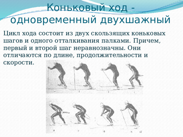 Коньковый ход - одновременный двухшажный Цикл хода состоит из двух скользящих коньковых шагов и одного отталкивания палками. Причем, первый и второй шаг неравнозначны. Они отличаются по длине, продолжительности и скорости. 