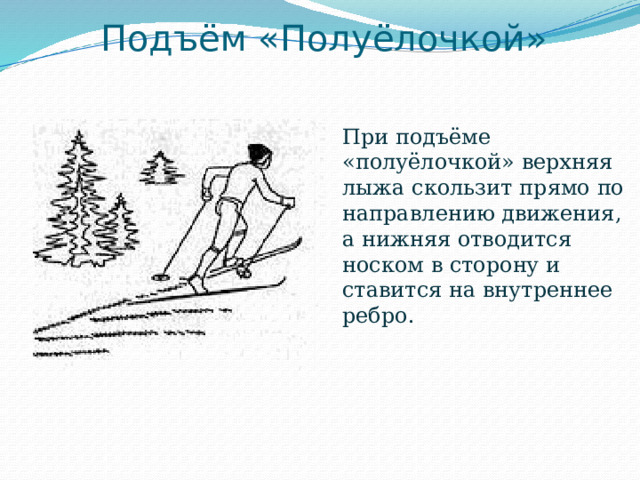 Подъём «Полуёлочкой» При подъёме «полуёлочкой» верхняя лыжа скользит прямо по направлению движения, а нижняя отводится носком в сторону и ставится на внутреннее ребро. 