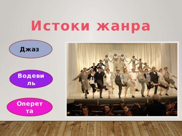  Истоки жанра  Джаз Водевиль Оперетта 