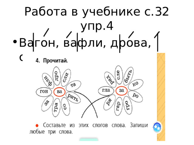 Работа в учебнике с.32 упр.4 Вагон, вафли, дрова, слива 