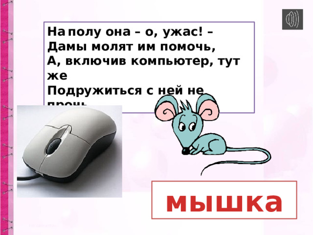 На  полу она – о, ужас! –  Дамы молят им помочь,  А, включив компьютер, тут же  Подружиться с ней не прочь .  мышка 