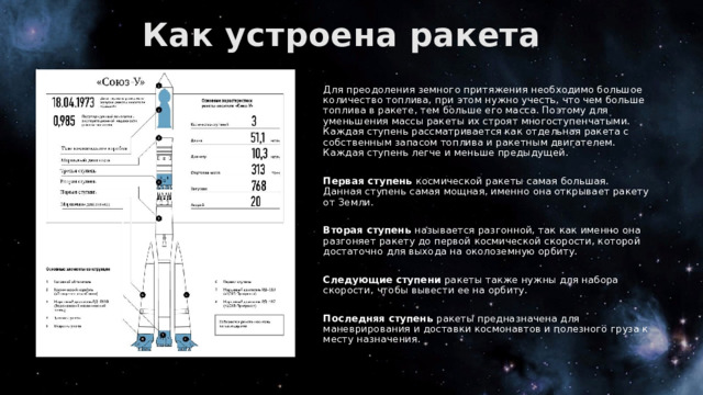 Как устроена ракета Для преодоления земного притяжения необходимо большое количество топлива, при этом нужно учесть, что чем больше топлива в ракете, тем больше его масса. Поэтому для уменьшения массы ракеты их строят многоступенчатыми. Каждая ступень рассматривается как отдельная ракета с собственным запасом топлива и ракетным двигателем. Каждая ступень легче и меньше предыдущей. Первая ступень космической ракеты самая большая. Данная ступень самая мощная, именно она открывает ракету от Земли. Вторая ступень называется разгонной, так как именно она разгоняет ракету до первой космической скорости, которой достаточно для выхода на околоземную орбиту. Следующие ступени ракеты также нужны для набора скорости, чтобы вывести ее на орбиту. Последняя ступень ракеты предназначена для маневрирования и доставки космонавтов и полезного груза к месту назначения. 