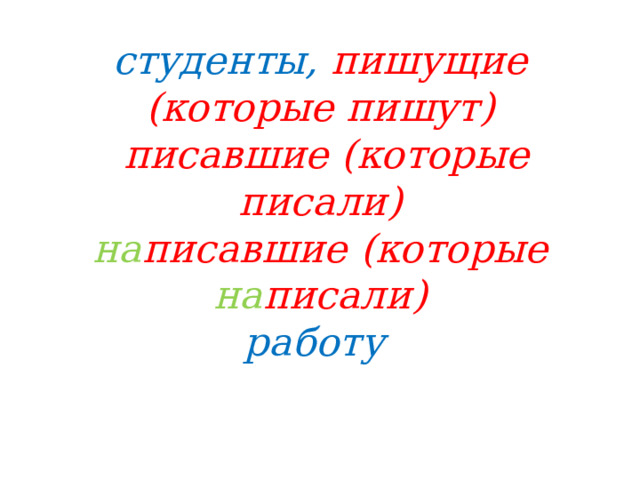 студенты,  пишущие (которые пишут)   писавшие (которые писали)  на писавшие  (которые на писали)  работу  