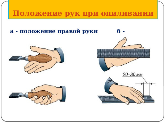 Положение рук при опиливании  а - положение правой руки б - положение левой руки 