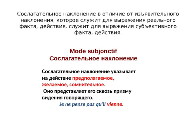 Сослагательное наклонение в отличие от изъявительного наклонения, которое служит для выражения реального факта, действия, служит для выражения субъективного факта, действия. 