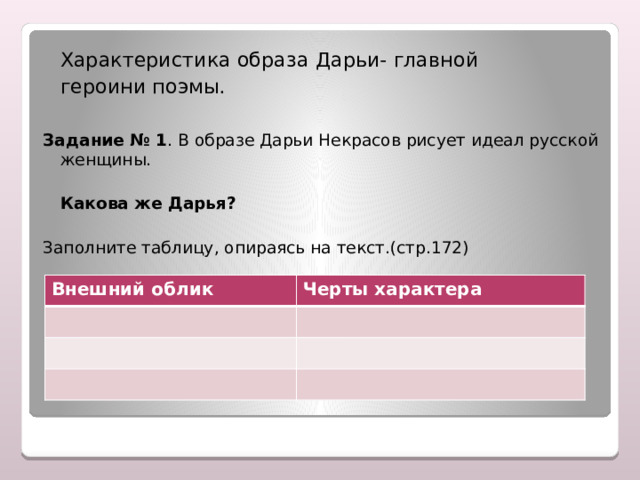  Характеристика образа Дарьи- главной    героини поэмы. Задание № 1 . В образе Дарьи Некрасов рисует идеал русской женщины.  Какова же Дарья?  Заполните таблицу, опираясь на текст.(стр.172)   Внешний облик Черты характера  
