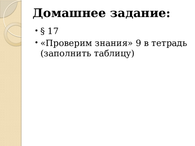Домашнее задание: § 17 «Проверим знания» 9 в тетрадь (заполнить таблицу) 