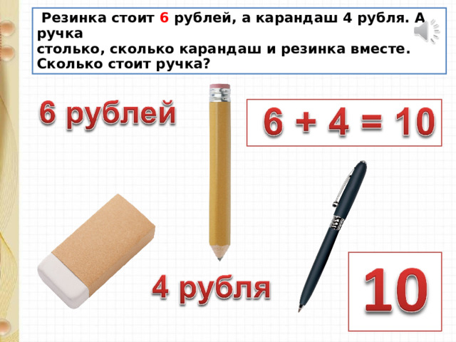  Резинка стоит 6 рублей, а карандаш 4 рубля. А ручка столько, сколько карандаш и резинка вместе. Сколько стоит ручка? 