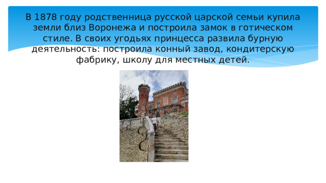 В 1878 году родственница русской царской семьи купила земли близ Воронежа и построила замок в готическом стиле. В своих угодьях принцесса развила бурную деятельность: построила конный завод, кондитерскую фабрику, школу для местных детей. 