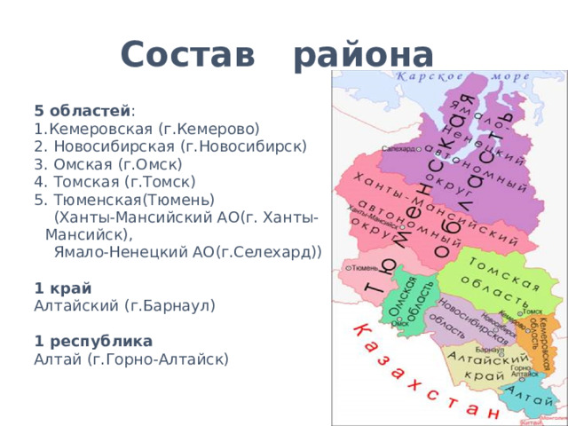 Состав района   5 областей : 1.Кемеровская (г.Кемерово)  2. Новосибирская (г.Новосибирск) 3. Омская (г.Омск) 4. Томская (г.Томск) 5. Тюменская(Тюмень)   (Ханты-Мансийский АО(г. Ханты-Мансийск),   Ямало-Ненецкий АО(г.Селехард)) 1 край Алтайский (г.Барнаул) ​ 1 республика Алтай (г.Горно-Алтайск)​ 