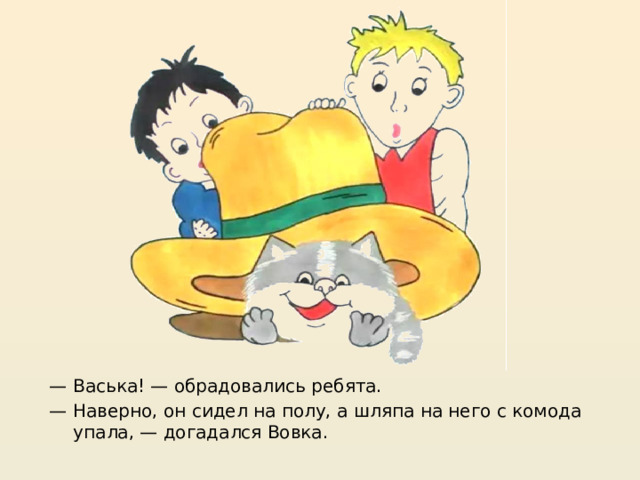 https://mishka-knizhka.ru/rasskazy-dlya-detej/rasskazy-nosova/zhivaya-shlyapa/  — Васька! — обрадовались ребята. — Наверно, он сидел на полу, а шляпа на него с комода упала, — догадался Вовка.  