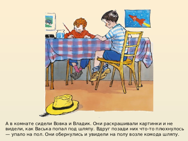 https://mishka-knizhka.ru/rasskazy-dlya-detej/rasskazy-nosova/zhivaya-shlyapa/  А в комнате сидели Вовка и Владик. Они раскрашивали картинки и не видели, как Васька попал под шляпу. Вдруг позади них что-то плюхнулось — упало на пол. Они обернулись и увидели на полу возле комода шляпу.  