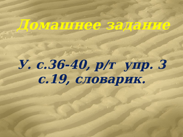 Домашнее задание У. с.36-40, р/т упр. 3 с.19, словарик. 
